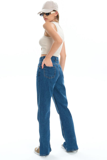 Five pocket high waist trotters with slit mom fit jeans jeans women pants