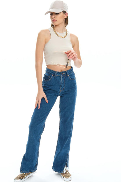 Beş cep Yüksek Bel Paçası Yırtmaçlı Mom Fit Jeans Kot Kadın Pantolon