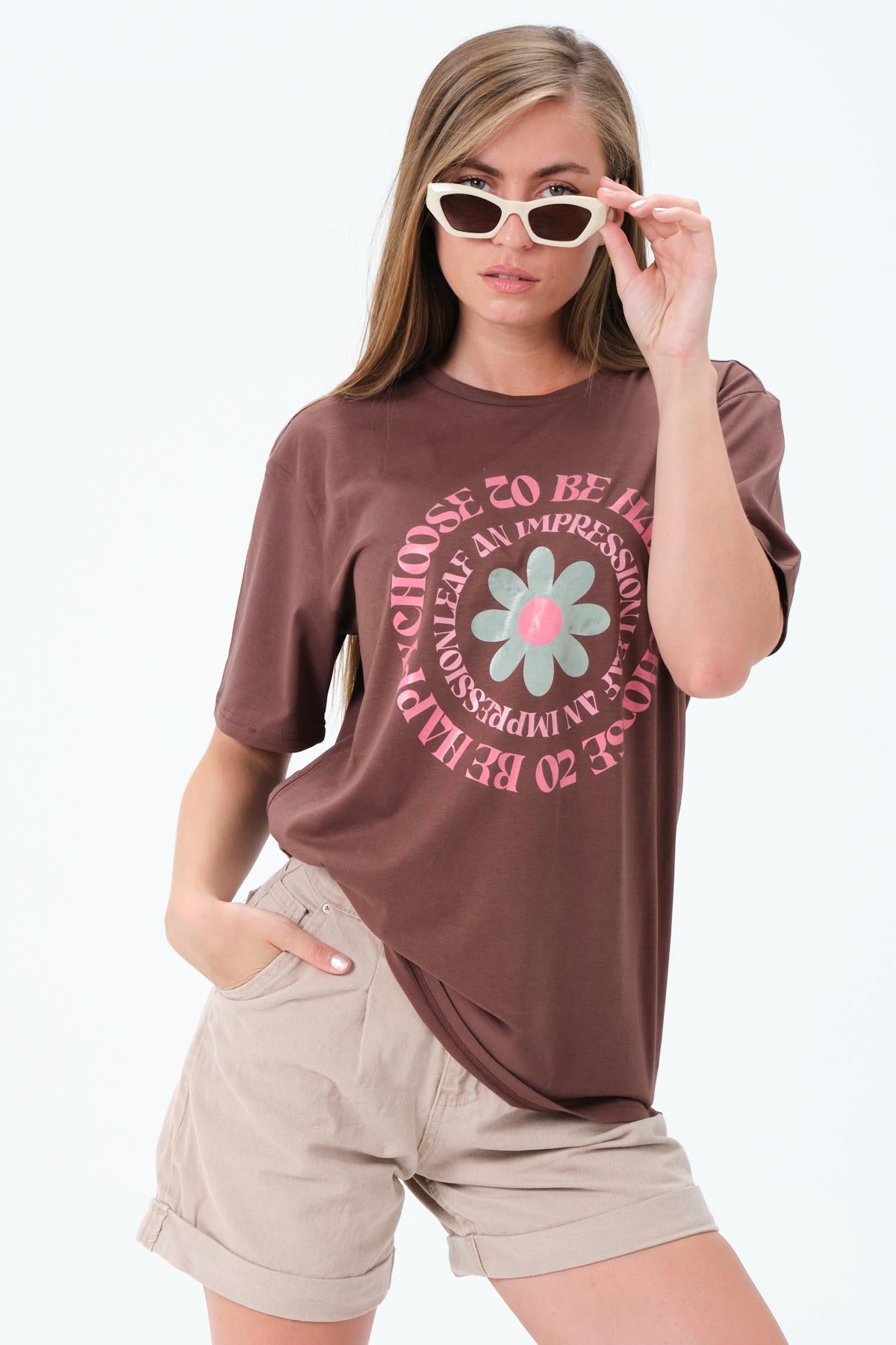 Crew Neck Flower printed brown overwoman female T -shirt
