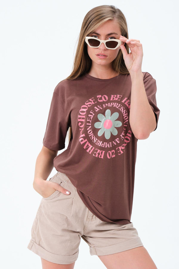 Crew Neck Floral Printed Brown Oversize Women's T-Shirt