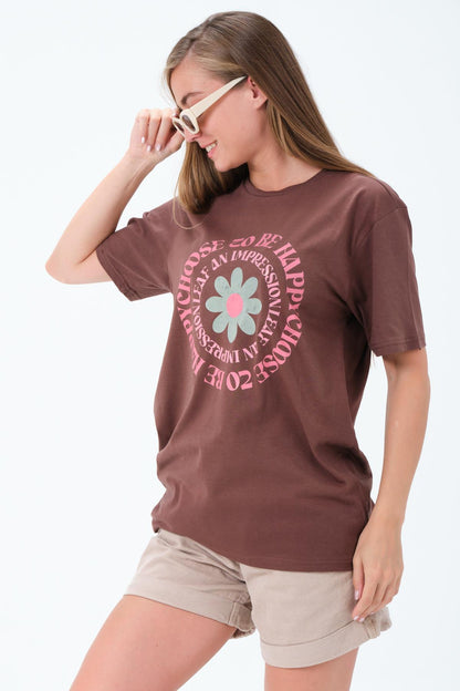 Crew Neck Flower printed brown overwoman female T -shirt