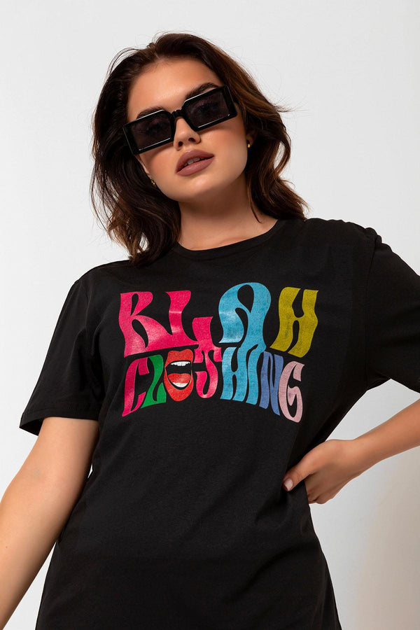 Crew Neck Tongue Printed Black Oversize Women's T-Shirt