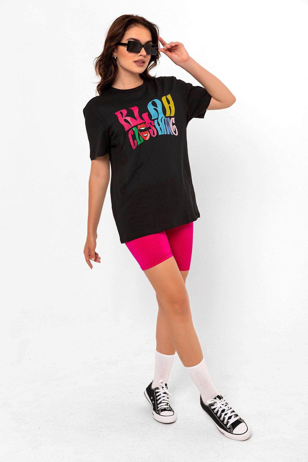 Cycling collar language printed black overwoman woman T -shirt