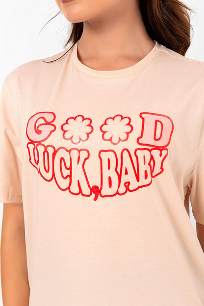 Crew Neck Good Luck Printed Salmon Oversize Female T -shirt