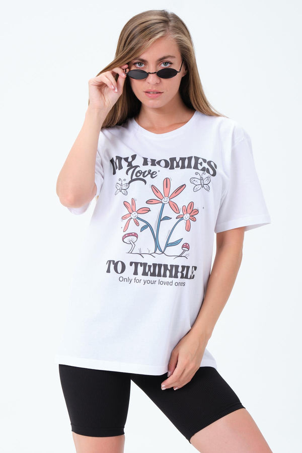 Crew Neck Homies Printed Anthracite Oversize Women's T-Shirt