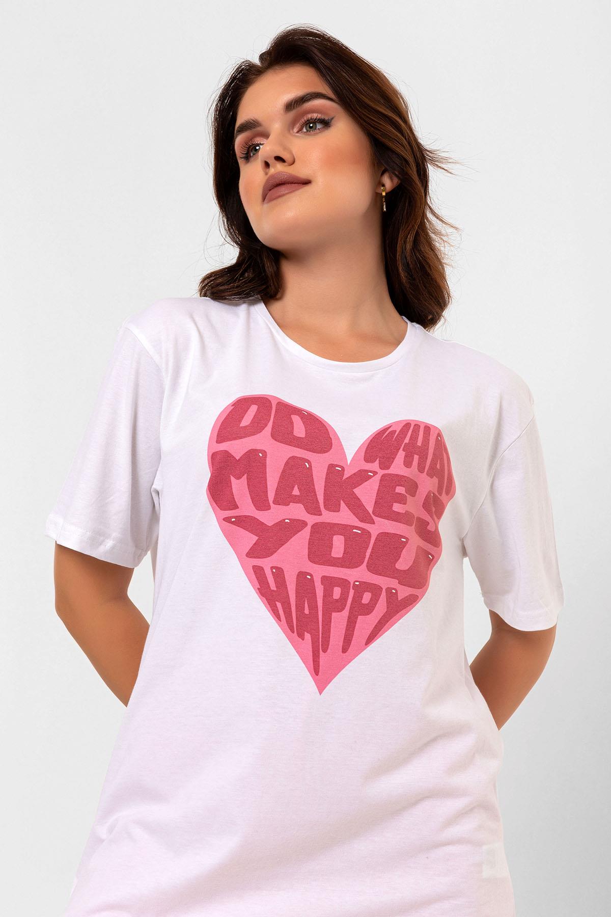 Crew Neck Heart Printed White Oversize Female T -shirt