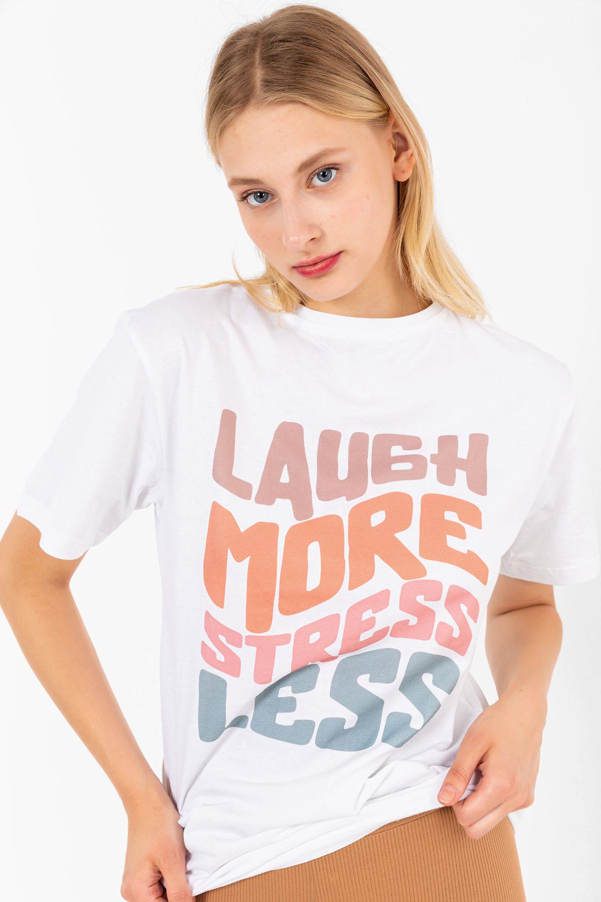 Crew Neck Laugh More Printed White Oversize Woman Unisex T -shirt