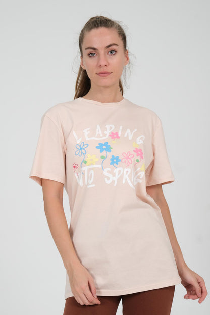 Crew Neck Leaping into Spring Printed White Oversize Female T -shirt
