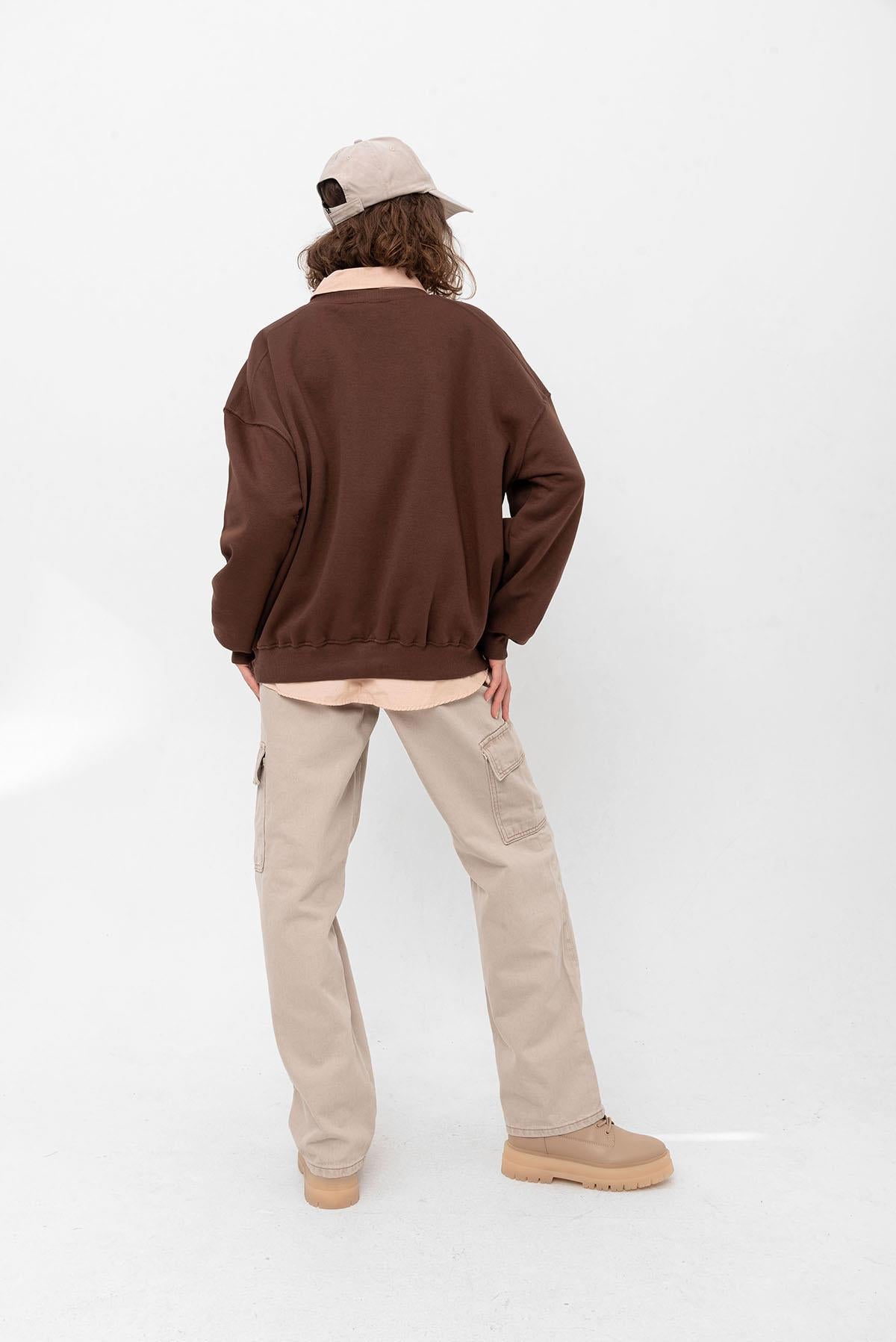 Crew Neck overlook shoulder detailed basic woman sweatshirt