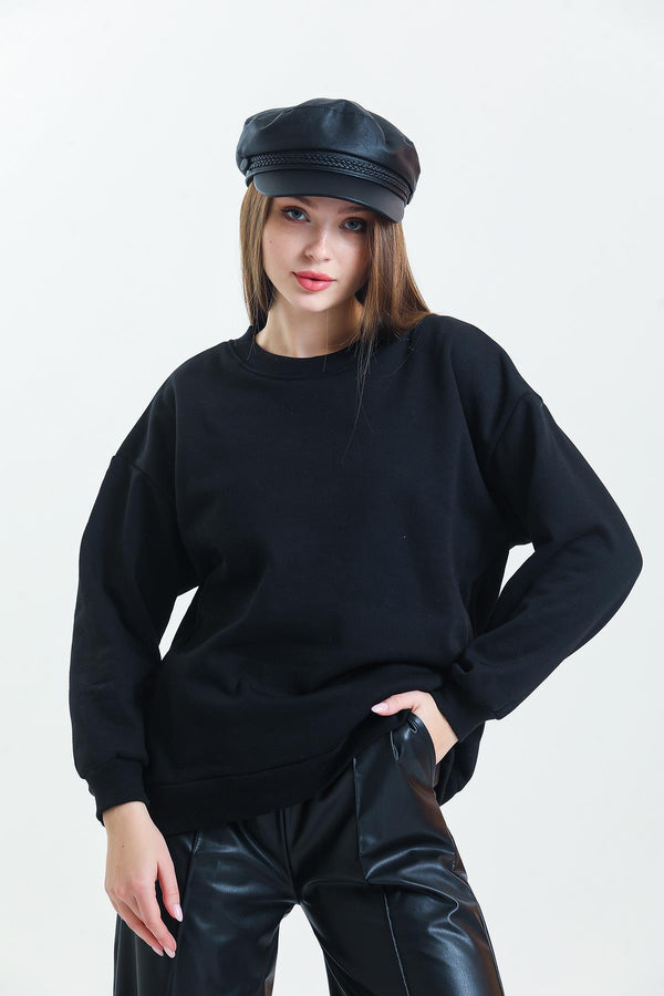 Bisiklet Yaka Oversize Omuz Detaylı Basic Kadın Sweatshirt