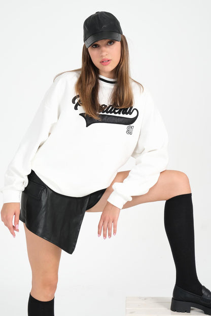 Bisiklet Yaka Pasadena Yazılı Baskılı Oversize Kadın Sweatshirt