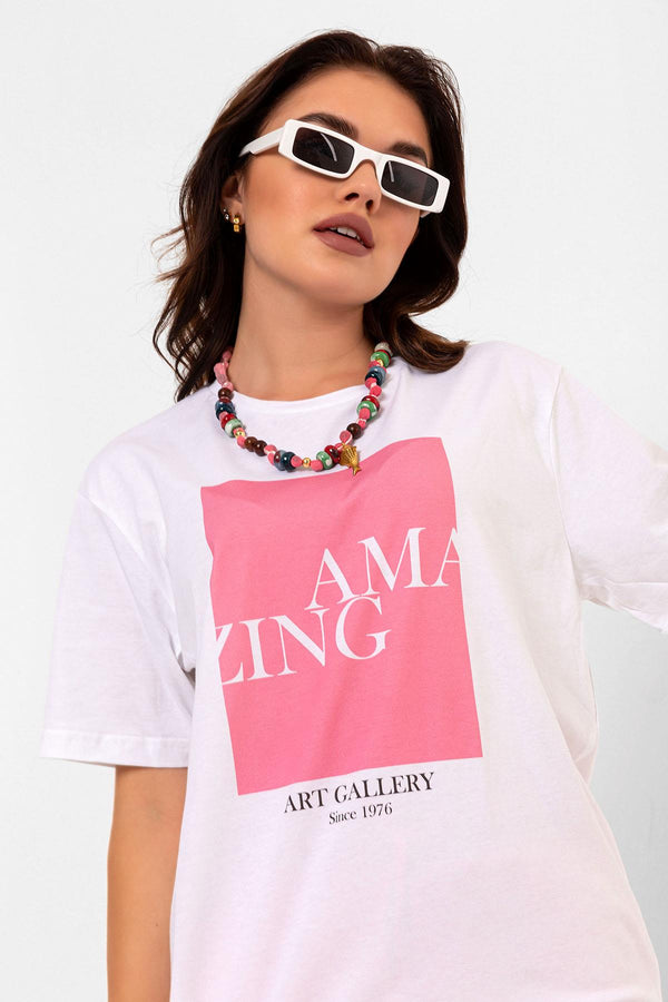 Crew Neck Pink Amazing Art Printed White Oversize Women's T-Shirt