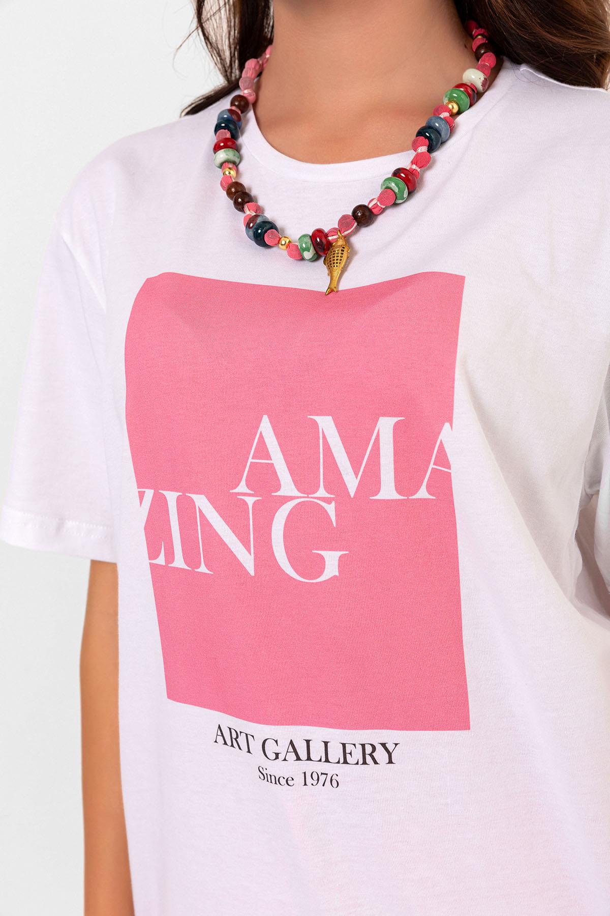 Crew Neck pink amazing art printed white overwoman female T -shirt