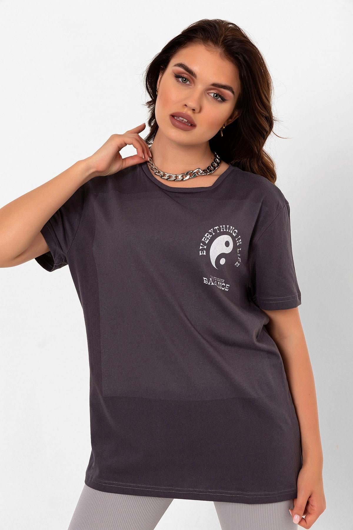 Crew Neck yin yang printed anthracit overwoman female T -shirt