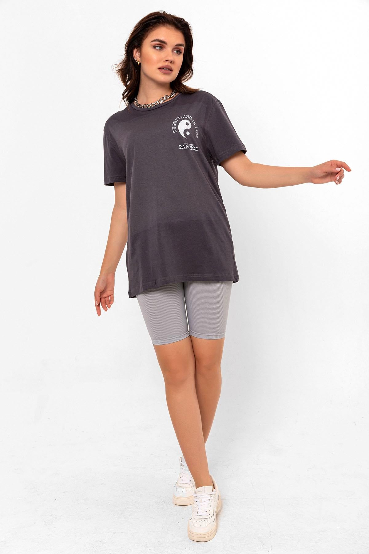 Crew Neck yin yang printed anthracit overwoman female T -shirt