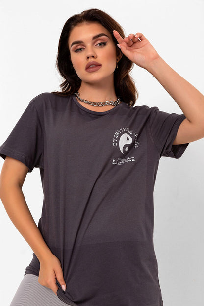 Crew Neck yin yang printed anthracit overwoman female T -shirt