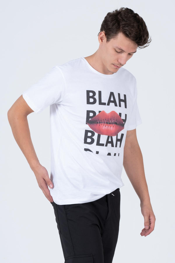 Blah Dudak Baskılı Bisiklet Yaka Rahat Reguler Kalıp Erkek Tişört Blah.