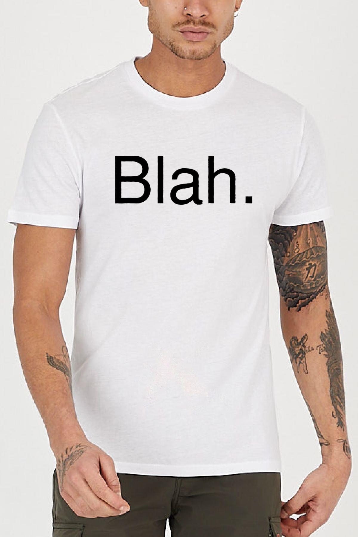 Blah Slogan Baskılı Bisiklet Yaka Erkek Tişört