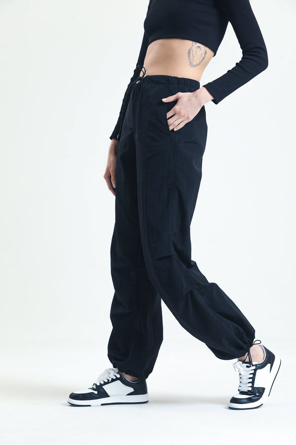 Wide Cut Parachute Trousers with Waist Tie and Leg Legs