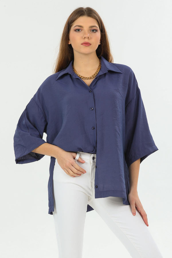 Boyfriend Oversize 3/4 Three Quarter Sleeve Slit Tunic Modal Women's Shirt