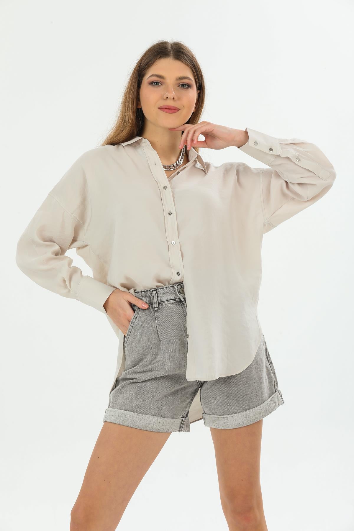 Boyfriend Oversize metal düğmeli kol büzgülü Tunik Modal Kadın Gömlek