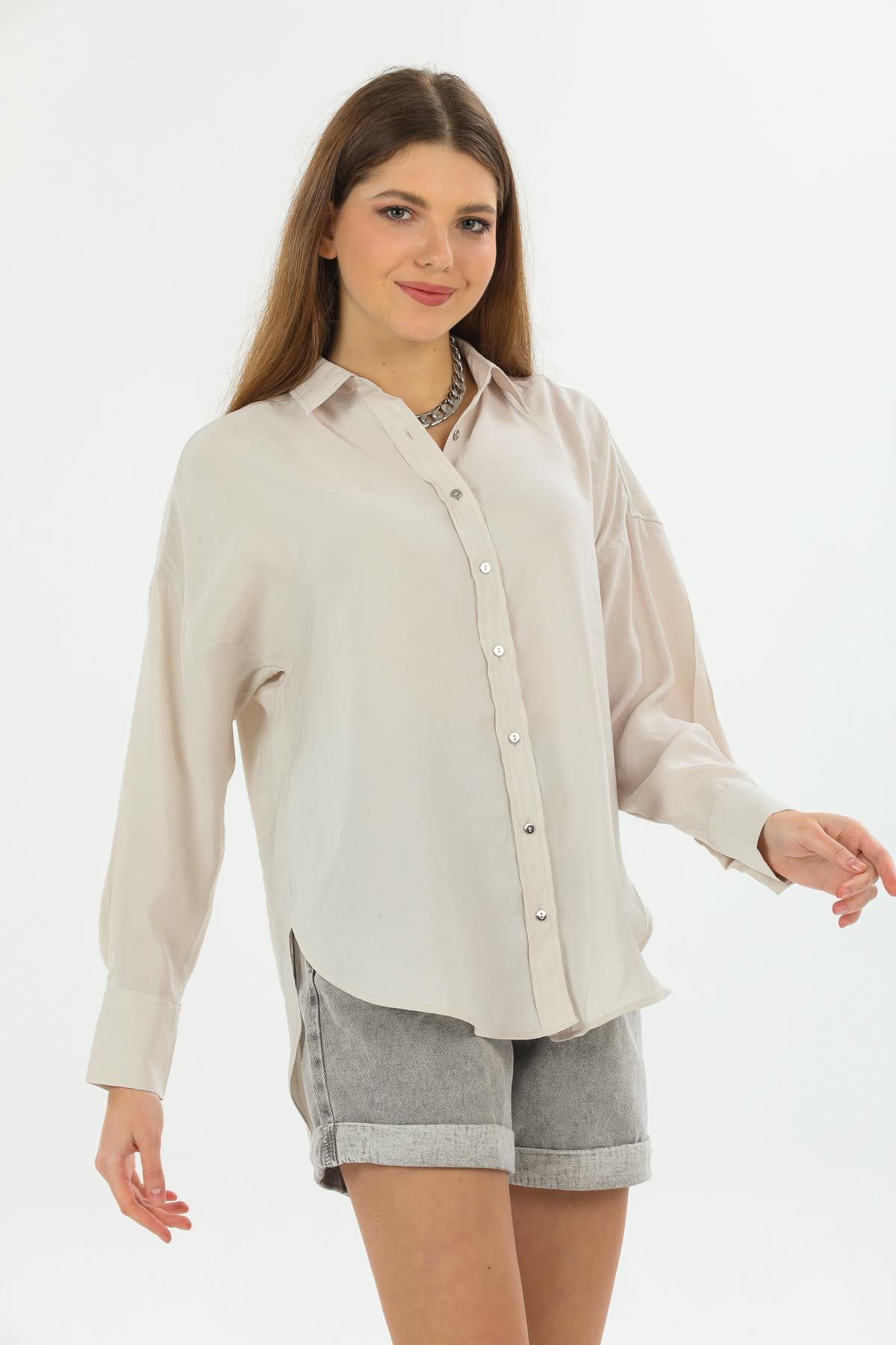 Boyfriend Oversizle metal button sleeve shirred tunic modal female shirt