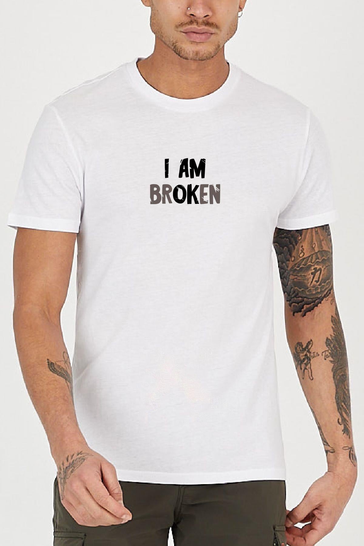 Broken Slogan Baskılı Bisiklet Yaka Erkek Tişört