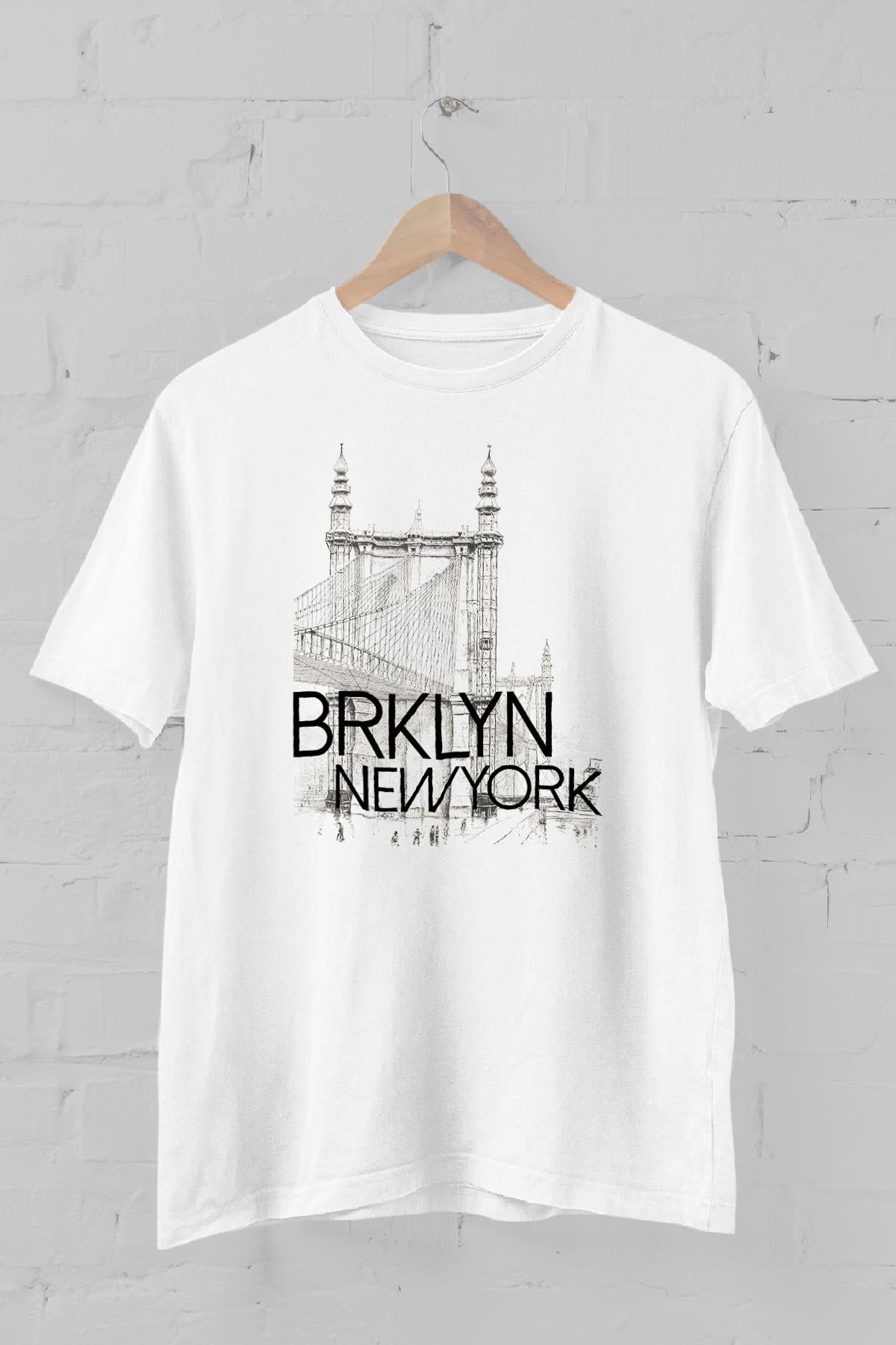 Brooklyn köprüsü New York Baskılı Bisiklet Yaka Erkek Tişört
