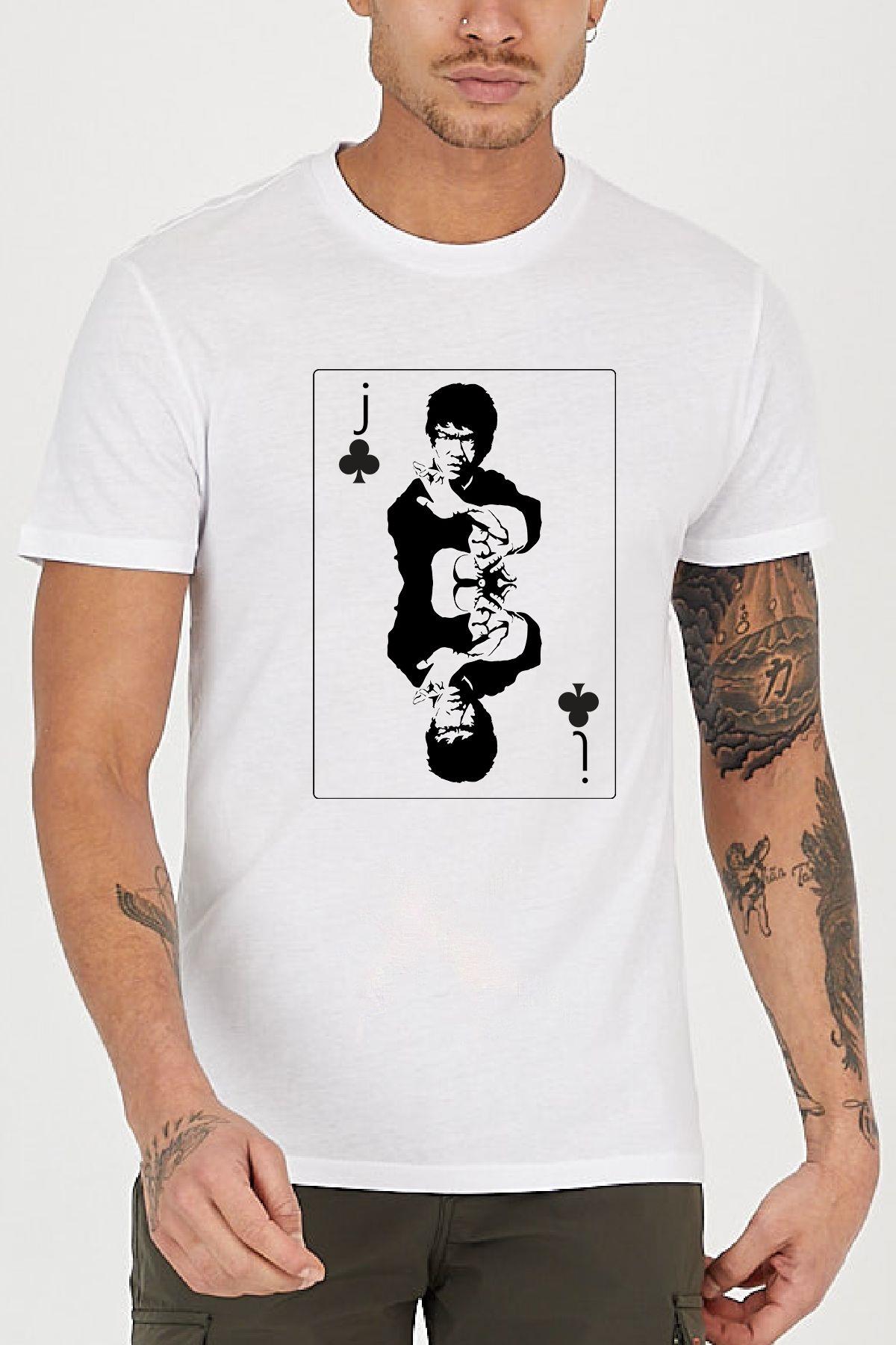 Bruce Lee Poker Kağıt Baskılı Bisiklet Yaka Erkek Tişört
