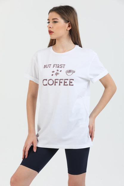 But First Coffee Baskılı Pamuklu Bisiklet Yaka Oversize Kadın Tişört.