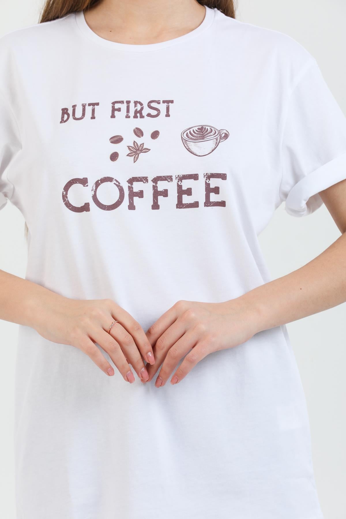 But first Coffee Printed Cotton Crew Neck Oversize female T -shirt.