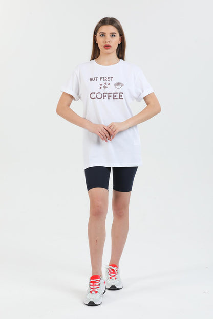 But First Coffee Baskılı Pamuklu Bisiklet Yaka Oversize Kadın Tişört.