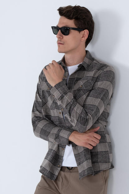 DOUBLE POCKABLE FLANL FLANLE ECOSE WASH MEN SHIRT JACKET SHACKET Shacket
