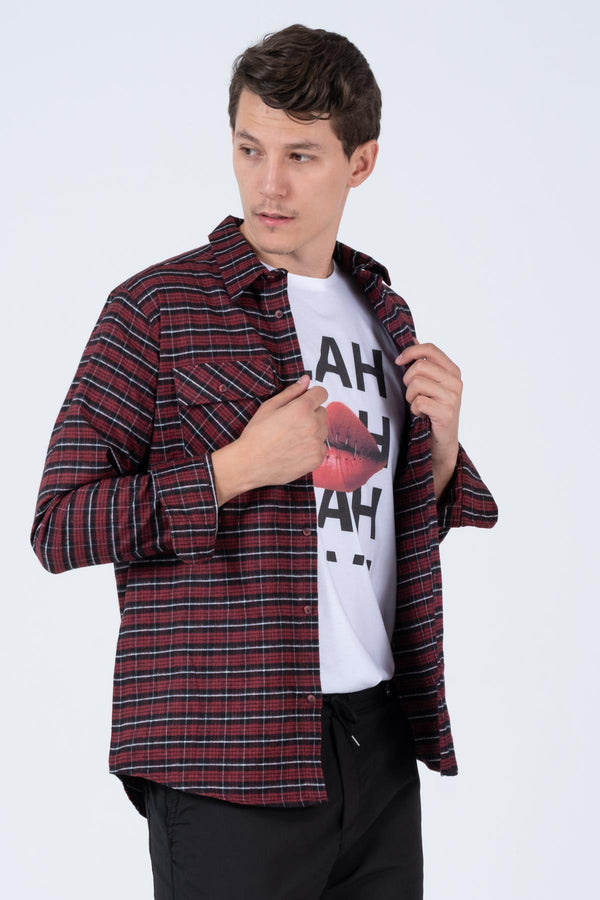 Çift Cep Kapaklı Oversize Kareli Flanel Ekose Oduncu Erkek Gömlek Ceket Shacket Domoda