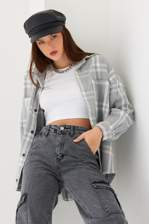 Double Pocket Checked Snap Fastener Plaid Lumberjack Thick Women's Shirt Shacket Jacket