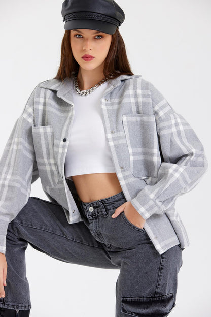 Double Pocket Powered Stock with Stocking Echo -Wooden Thick Female Shirt Shacket Jacket