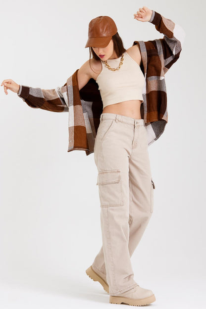 Double Pocket Powered Stock with Stocking Echo -Wooden Thick Female Shirt Shacket Jacket