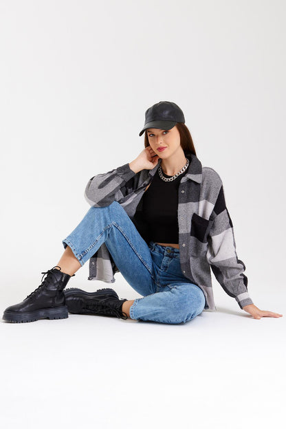 Double Pocket Powered Stock with Stocking Echo -Wooden Thick Female Shirt Shacket Jacket