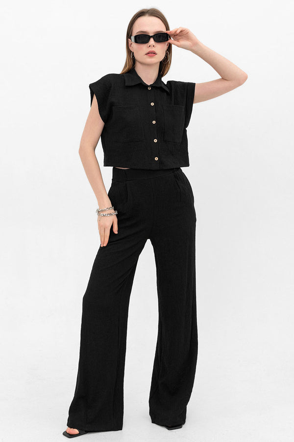 Crop button-down shirt, palazzo wide-leg trousers set