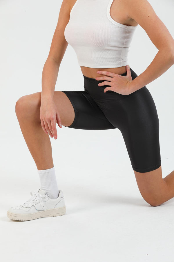 Domoda Yüksek Bel Parlak Kısa Şort Spor Disko Biker Kadın Kısa Tayt Domoda