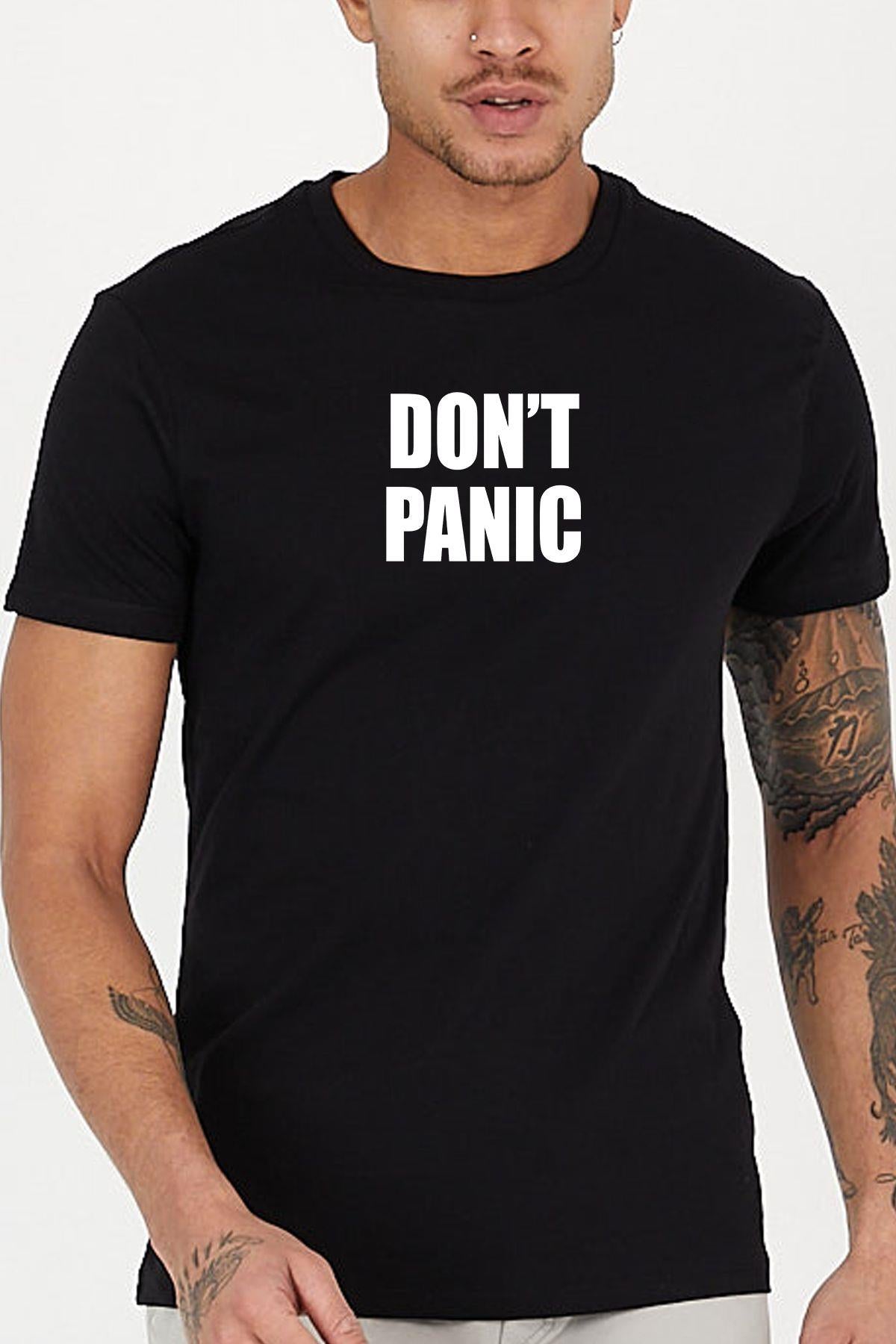 Don't Panic Slogan Baskılı Bisiklet Yaka Erkek Tişört