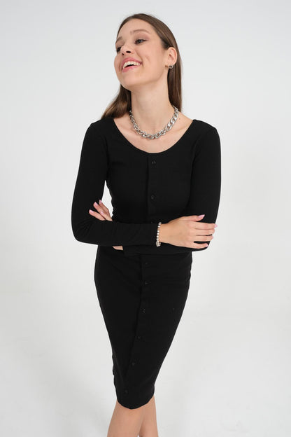 Button detailed bodycon women black knitwear dress