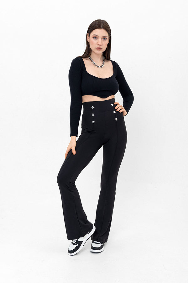 Button detailed, hook-and-loop wide-leg diver scuba knitted stretchy trousers