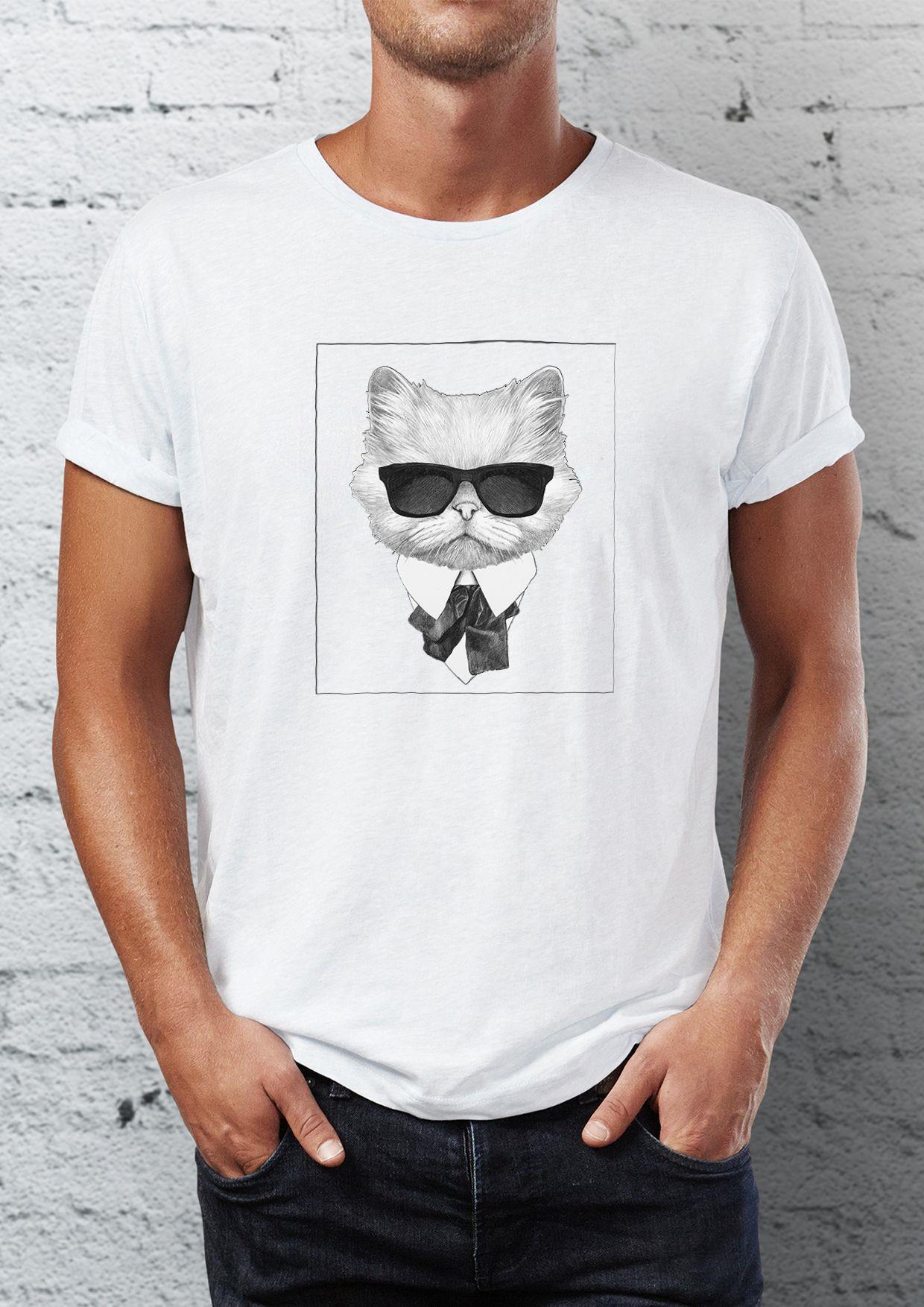 Cat printed with glasses Crew Neck men's t -shirt
