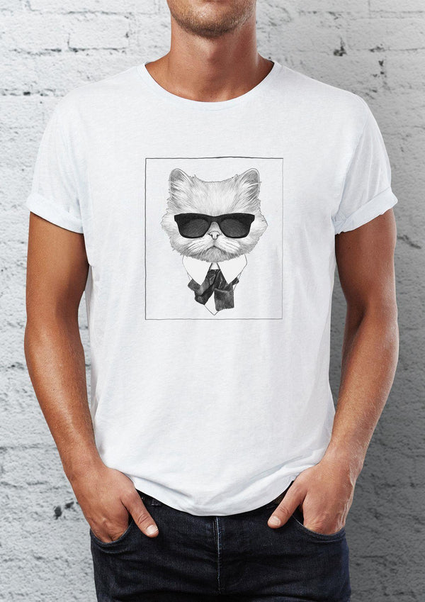 Cat with Glasses Printed Crew Neck Men's T-Shirt