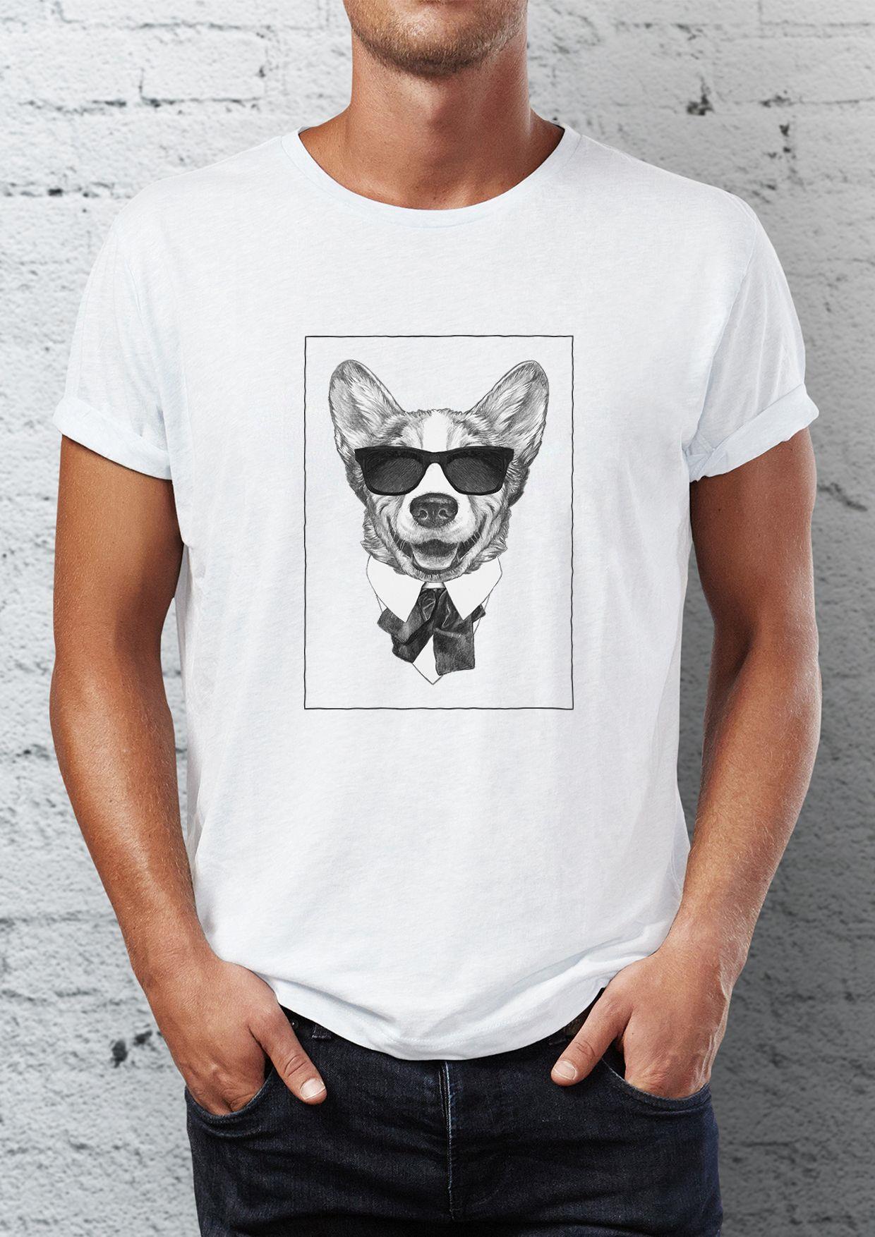 Glasses Dog Printed Crew Neck Men's T -shirt