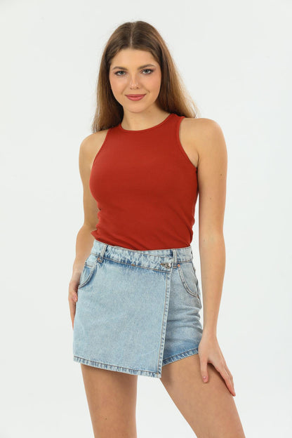 Halter Yaka Kaşkorse Örme Fitilli Uzun Kadın  Atlet