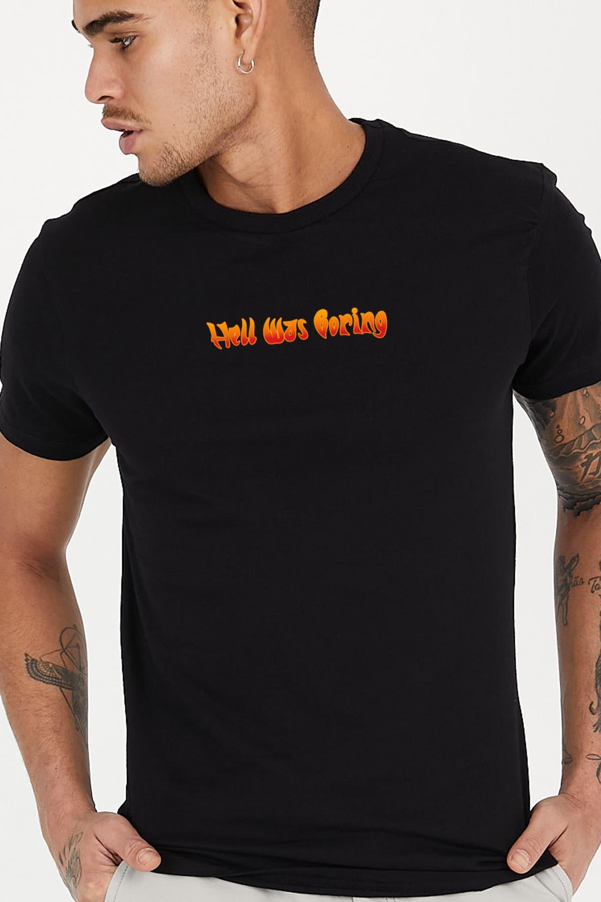 Hell Was Boraing Slogan Printed Crew Neck Men's T -shirt