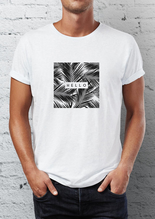 Hello Palm Tree Printed Crew Neck Men's T-Shirt
