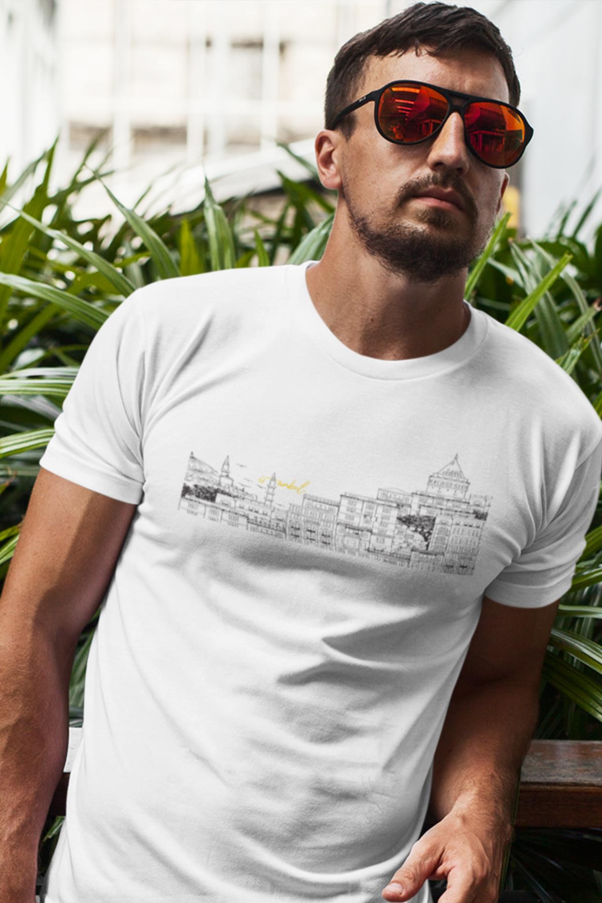 Istanbul Galata Illustration Printed, Cotton Crew Neck Men's T -shirt